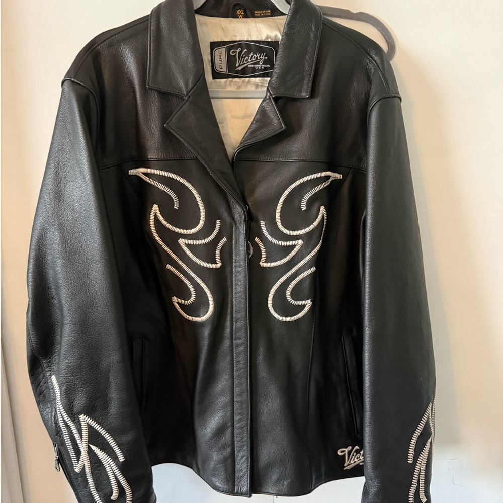 Victory Motorcycles Black Leather Jacket with White Embroidered Design